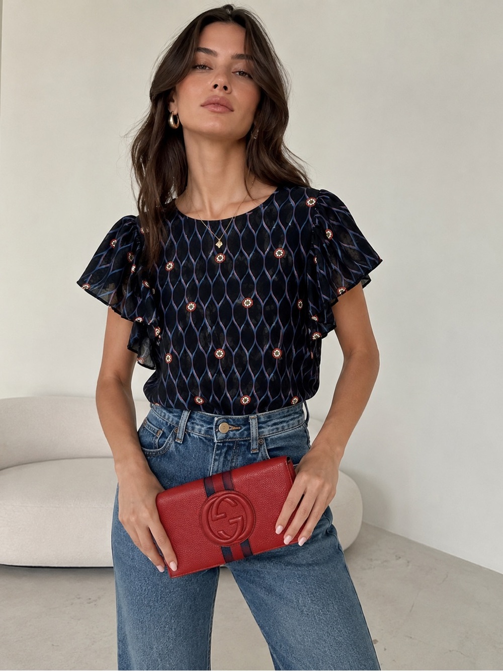 Women's Navy Patterned Flutter Sleeve Top